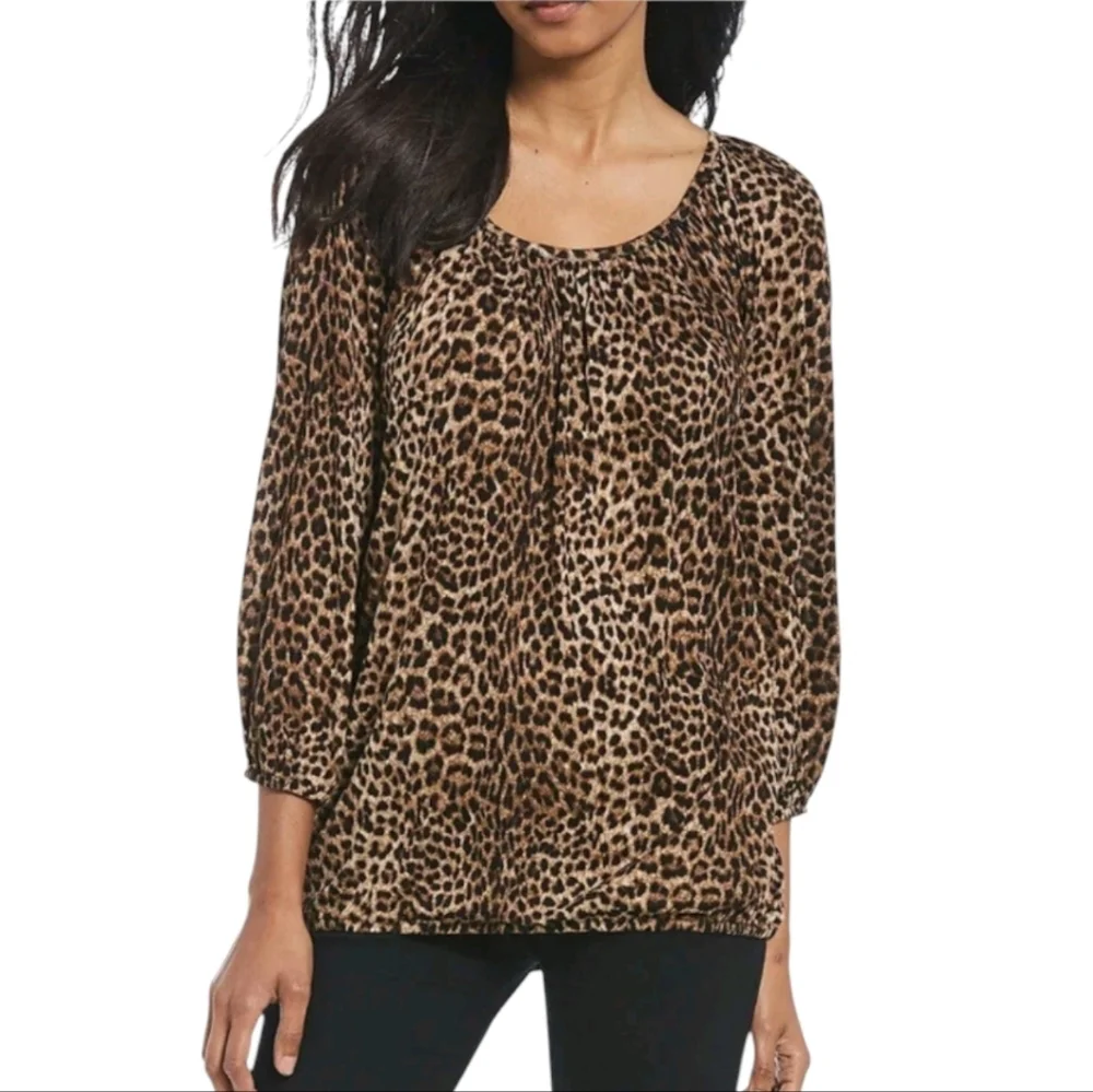 Michael Kors Leopard Printed Peasant Top Toffee 3/4 Sleeves